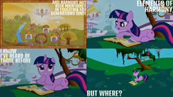 Size: 1280x720 | Tagged: safe, edit, edited screencap, editor:quoterific, imported from derpibooru, screencap, princess celestia, twilight sparkle, alicorn, pony, unicorn, friendship is magic, season 1, book, canterlot, female, mare, open mouth, tree, unicorn twilight