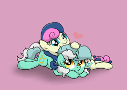 Size: 4526x3231 | Tagged: safe, artist:background basset, imported from derpibooru, bon bon, lyra heartstrings, sweetie drops, earth pony, pony, unicorn, adorabon, cute, duo, duo female, female, heart, lesbian, lying down, lying on top of someone, lyrabetes, lyrabon, pink background, shipping, simple background, smiling