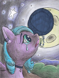 Size: 4446x5777 | Tagged: safe, artist:sienna fierywolf, imported from derpibooru, oc, pegasus, crying, female, mare, moon, night, not izzy, stars