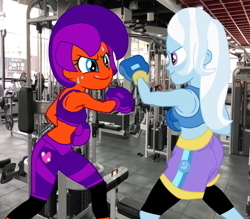 Size: 2232x1952 | Tagged: safe, artist:jadeharmony, artist:jadethepegasus, imported from derpibooru, trixie, oc, oc:jade harmony, oc:jade the pegasus, equestria girls, boxing gloves, martial arts kids, martial arts kids outfits