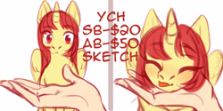 Size: 3000x1500 | Tagged: safe, artist:nika-rain, imported from derpibooru, oc, oc only, human, pony, any gender, any race, any species, auction, auction open, commission, cute, hand, solo, uwu, ych sketch, your character here