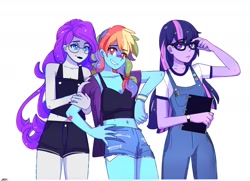 Size: 1848x1338 | Tagged: safe, artist:aaa-its-spook, imported from derpibooru, rainbow dash, rarity, sci-twi, twilight sparkle, human, equestria girls, adjusting glasses, bandaid, bandaid on nose, bedroom eyes, belly button, blue eyes, blue skin, button, clothes, cutie mark, denim shorts, eyebrows, eyebrows visible through hair, female, glasses, hand on hip, jacket, leaning, lesbian, light skin, midriff, multicolored hair, notebook, overalls, pink skin, purple hair, purple skin, rainbow hair, round glasses, scitwidash, shipping, shorts, tanktop, trio, trio female, twidash, white skin, wristband