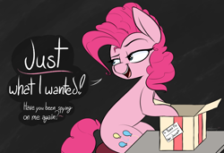 Size: 2719x1865 | Tagged: safe, artist:pinkberry, imported from derpibooru, pinkie pie, earth pony, pony, commission, female, implied stalking, lidded eyes, looking back, mare, present, simple background, sitting, solo, speech bubble, wrapping