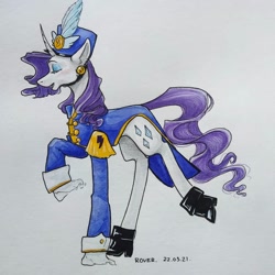 Size: 1080x1080 | Tagged: safe, artist:rover, imported from derpibooru, rarity, pony, unicorn, ancient wonderbolts uniform, sgt. rarity, solo, traditional art