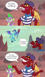 Size: 1280x2160 | Tagged: safe, edit, edited screencap, imported from derpibooru, screencap, garble, princess ember, spike, dragon, sweet and smoky, beret, bloodstone scepter, clothes, emble, female, hat, male, scarf, shipping, shirt, speech bubble, straight, striped shirt, winged spike, wings