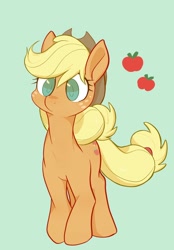 Size: 1426x2048 | Tagged: safe, artist:noupu, imported from derpibooru, applejack, earth pony, pony, apple, colored pupils, cute, female, food, green background, jackabetes, mare, simple background, solo