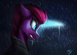Size: 3000x2160 | Tagged: safe, artist:tenebrisnoctus, imported from derpibooru, tempest shadow, pony, unicorn, angry, bust, ears back, eye scar, female, floppy ears, glowing horn, high res, horn, mare, profile, rain, scar, solo