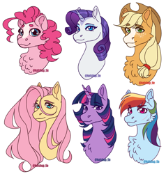 Size: 4685x4923 | Tagged: safe, artist:rdstartie, imported from derpibooru, applejack, fluttershy, pinkie pie, rainbow dash, rarity, twilight sparkle, alicorn, earth pony, pegasus, pony, unicorn, absurd resolution, alternate hairstyle, blaze (coat marking), bust, cheek fluff, chest fluff, coat markings, facial markings, female, freckles, looking at you, mane six, mare, portrait, redesign, scar, snip (coat marking), stray strand