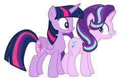 Size: 1857x1144 | Tagged: safe, artist:gmaplay, imported from derpibooru, starlight glimmer, twilight sparkle, alicorn, pony, unicorn, duo, looking at her butt, looking back, simple background, solo, transparent background, twilight sparkle (alicorn)