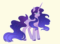 Size: 1280x933 | Tagged: safe, artist:ocean-drop, imported from derpibooru, oc, oc only, oc:nightfall, pony, unicorn, ethereal mane, female, magical lesbian spawn, mare, offspring, parent:princess luna, parent:twilight sparkle, parents:twiluna, simple background, solo, starry mane, yellow background