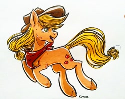 Size: 1027x810 | Tagged: safe, artist:rover, imported from derpibooru, applejack, earth pony, pony, applejack's hat, cowboy hat, cute, female, hat, jackabetes, jumping, mare, traditional art