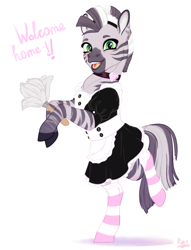 Size: 981x1287 | Tagged: safe, artist:ravenie, imported from derpibooru, oc, oc only, oc:zebra north, pony, zebra, clothes, collar, crossdressing, dress, duster, femboy, girly, happy, looking at you, maid, maid headdress, male, outfit, skirt, socks, solo, stallion, striped socks, zebra femboy, zebra oc, zebra subjugation, zebrasub