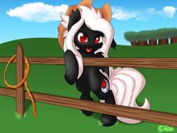 Size: 2048x1536 | Tagged: safe, artist:icy wings, imported from derpibooru, oc, oc only, oc:midnight ruby, bat pony, bat pony oc, bat wings, bipedal, bipedal leaning, commission, commissioner:nova saber 97, cowboy hat, fangs, fence, hat, heart eyes, leaning, looking at you, open mouth, red eyes, rope, standing on two hooves, white mane, wingding eyes, wings