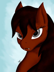 Size: 1280x1707 | Tagged: safe, artist:tunrae, imported from derpibooru, oc, oc only, oc:mfa, hybrid, pony, bedroom eyes, bust, fangs, female, gray eyes, hybrid oc, looking at you, simple background, solo