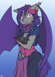 Size: 2480x3508 | Tagged: safe, artist:florecentmoo, imported from derpibooru, imported from ponybooru, raven, oc, oc only, oc:dusk rhine, anthro, bat pony, bird, raven (bird), bat pony oc, bat wings, clothes, explicit source, female, headband, high res, looking at you, scarf, solo, wings