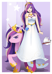 Size: 719x1017 | Tagged: safe, artist:johnsonist, imported from derpibooru, princess cadance, human, pony, bare shoulders, breasts, crown, horn, horned humanization, human ponidox, humanized, jewelry, open mouth, regalia, self ponidox, sleeveless