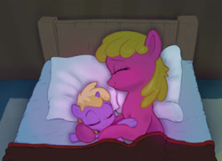 Size: 2250x1626 | Tagged: safe, artist:xbi, imported from derpibooru, cherry berry, dinky hooves, earth pony, pony, unicorn, background pony, bed, bedroom, blanket, cherrybetes, cherrydink, cherrylove, crossover, cuddling, cute, dinkabetes, dinkylove, eyes closed, female, filly, goodnight, goodnight cherry berry, goodnight max, lesbian, mare, max and ruby, night, pillow, redraw, rug, shipping, sleeping, sleeping cherry berry, sleeping dinky hooves, smiling, snuggling