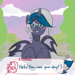 Size: 1089x1080 | Tagged: safe, artist:brooklynbaby, imported from derpibooru, oc, oc only, oc:elizabat stormfeather, alicorn, bat pony, bat pony alicorn, pony, alicorn oc, bat pony oc, bat wings, blushing, commission, cute, dating sim, female, grin, horn, looking at you, mare, smiling, solo, table, wings, ych result