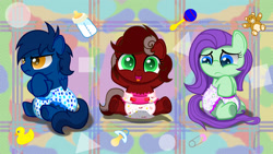 Size: 1280x720 | Tagged: safe, artist:spellboundcanvas, imported from derpibooru, oc, oc:purple note, oc:red treasure, oc:stardust, earth pony, pegasus, pony, adorable face, baby, baby bottle, baby pony, colt, cute, diaper, female, filly, grumpy, happy, male, music notes, nervous, pacifier, stars, teddy bear, treasure map