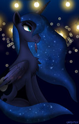 Size: 2115x3295 | Tagged: safe, artist:qnighter, imported from derpibooru, princess luna, alicorn, pony, chest fluff, feather, female, grooming, high res, lights, majestic as fuck, mare, night, preening, solo