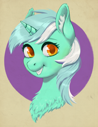 Size: 2726x3525 | Tagged: safe, artist:taytinabelle, imported from derpibooru, lyra heartstrings, pony, unicorn, bust, chest fluff, cute, ear fluff, female, happy, high res, looking at you, mare, open mouth, simple background, smiling, solo
