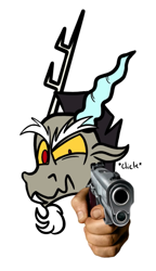 Size: 699x1214 | Tagged: safe, imported from derpibooru, discord, draconequus, click, delet this, gun, handgun, male, meme, triggered, weapon