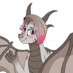 Size: 768x768 | Tagged: safe, artist:valkiria, imported from derpibooru, oc, oc only, oc:rajaah, dragon, blushing, claws, commission, dragon oc, dragon wings, eye clipping through hair, hair, half body, horns, looking at you, male, simple background, smiling, smiling at you, solo, splotches, spread wings, stripes, transparent background, two toned eyes, wings