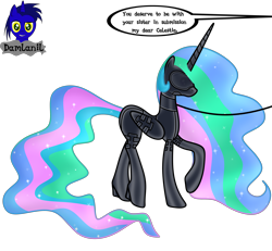 Size: 4154x3840 | Tagged: safe, artist:damlanil, imported from derpibooru, princess celestia, alicorn, pony, bdsm, blindfold, bondage, bondage mask, boots, bound wings, catsuit, clothes, collar, commission, corset, ethereal mane, female, gag, galaxy mane, gimp suit, high heels, hood, horn, implied discord, latex, latex boots, latex suit, mare, muzzle gag, offscreen character, rubber, rubber suit, shiny, shiny mane, shoes, show accurate, simple background, socks, solo, story, story included, thigh highs, transparent background, vector, wings