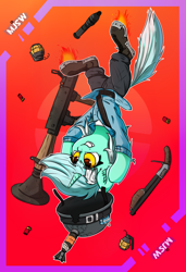 Size: 1333x1950 | Tagged: safe, artist:mjsw, imported from derpibooru, lyra heartstrings, pony, unicorn, female, flying, grenade, gun, mare, rocket jump, rocket launcher, shotgun, soldier, solo, team fortress 2, weapon