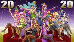 Size: 1280x720 | Tagged: safe, artist:johnjoseco, imported from derpibooru, applejack, fluttershy, gummy, princess cadance, princess celestia, princess luna, rainbow dash, rarity, spike, starlight glimmer, sunset shimmer, twilight sparkle, human, 2020, alcohol, champagne, happy new year, holiday, humanized, wine