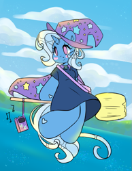 Size: 579x745 | Tagged: safe, artist:bunxl, imported from derpibooru, trixie, anthro, semi-anthro, unicorn, blushing, broom, cape, clothes, cute, diatrixes, dress, female, flying, hat, heart, hoof hands, kiki's delivery service, music notes, purse, radio, smiling, solo, trixie's cape, trixie's hat, wip, witch, witch broom