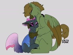 Size: 2048x1536 | Tagged: safe, artist:viktiipunk, imported from derpibooru, oc, oc only, oc:argot allophias, oc:dusty shelves, changeling, griffon, pony, eyes closed, floppy ears, glasses, hug, one eye closed, purple changeling, smiling