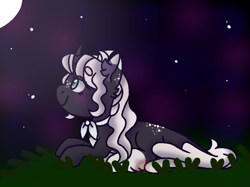 Size: 845x632 | Tagged: safe, artist:chatonettes, imported from derpibooru, oc, oc only, pony, unicorn, female, full moon, horn, lying down, mare, moon, night, outdoors, prone, smiling, stars, unicorn oc