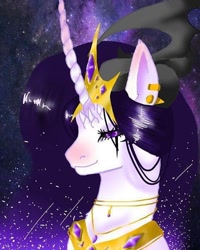 Size: 480x600 | Tagged: safe, artist:_goddesskatie_, imported from derpibooru, oc, oc only, pony, unicorn, bust, ear piercing, earring, ethereal mane, eyelashes, female, horn, jewelry, mare, peytral, piercing, smiling, starry mane, unicorn oc