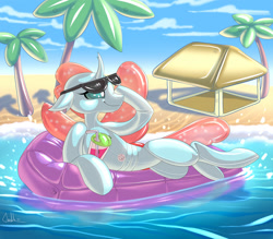 Size: 1280x1120 | Tagged: safe, artist:mekh, imported from derpibooru, ocellus, changedling, changeling, inflatable pony, beach, commission, digital art, drink, drinking straw, female, floating, hooves, horn, inflatable, inflatable changeling, inflatable scenery, latex, living latex, ocean, palm tree, pool toy, sky, smiling, solo, sunglasses, tail, tree, wings