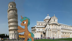 Size: 2748x1546 | Tagged: safe, artist:lahirien, artist:xwhitedreamsx, imported from derpibooru, oc, oc only, oc:gadget (lahirien), pony, irl, italy, leaning tower of pisa, photo, pisa, ponies in real life