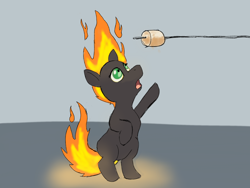 Size: 2048x1536 | Tagged: safe, artist:fluffsplosion, imported from derpibooru, fluffy pony, pony, fire, food, marshmallow, mundane utility, nightmare, solo