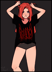 Size: 1024x1434 | Tagged: safe, artist:meliciamelano, imported from derpibooru, pinkie pie, human, angry, band shirt, black shirt, black underwear, clothes, dark, emo, humanized, looking at you, makeup, metal, pinkamena diane pie, shirt, solo, underwear