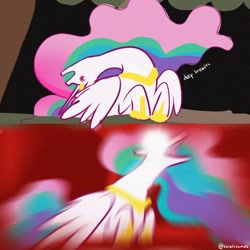 Size: 1408x1409 | Tagged: safe, artist:opalacorn, imported from derpibooru, princess celestia, alicorn, pony, behaving like a bird, female, floppy ears, glowing eyes, glowing eyes meme, inhaling, inhaling seagull meme, majestic as fuck, mare, meme, open mouth, ponified animal photo, ponified meme, red background, screaming, simple background, solo, wat, wide eyes, yamero