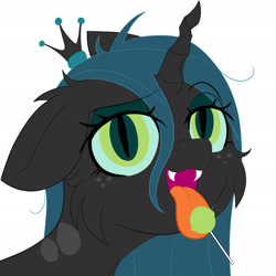 Size: 1920x1920 | Tagged: safe, artist:fajnyziomal, imported from derpibooru, queen chrysalis, changeling, changeling queen, bust, candy, cheek fluff, cute, cutealis, fangs, female, floppy ears, food, licking, lollipop, open mouth, simple background, solo, tongue out, white background