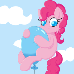 Size: 1920x1920 | Tagged: safe, artist:fajnyziomal, imported from derpibooru, pinkie pie, earth pony, pony, balloon, cheek fluff, colored pupils, female, mare, party balloon, sky background, solo, that pony sure does love balloons