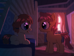 Size: 800x600 | Tagged: safe, artist:rangelost, imported from derpibooru, oc, oc only, oc:honourshine, oc:trailblazer, pony, cyoa:d20 pony, bed, bedroom, duo, evening, female, filly, indoors, looking at each other, lying down, pixel art, profile, standing, story included