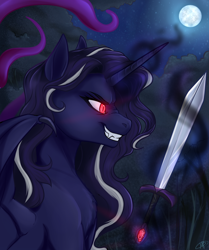 Size: 2324x2778 | Tagged: safe, artist:megabait, imported from derpibooru, oc, pony, vampire, dark magic, high res, magic, night, red eyes, sword, weapon