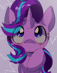 Size: 1120x1424 | Tagged: safe, artist:lexiedraw, imported from derpibooru, starlight glimmer, pony, unicorn, blushing, cute, eye clipping through hair, female, glimmerbetes, mare, raised hoof, solo, starry background