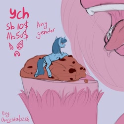Size: 2160x2160 | Tagged: safe, artist:chrystal_company, imported from derpibooru, oc, pony, any gender, any race, commission, cookie, food, high res, macro, micro, open mouth, tongue out, underhoof, vore, ych sketch, your character here