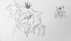 Size: 1024x585 | Tagged: safe, artist:9air, imported from derpibooru, queen chrysalis, changeling, changeling queen, female, grayscale, hair over one eye, monochrome, pencil drawing, pictogram, solo, speech bubble, tongue out, traditional art