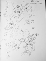 Size: 768x1024 | Tagged: safe, artist:9air, imported from derpibooru, queen chrysalis, alicorn, anthro, changeling, pony, grayscale, hair over one eye, monochrome, pencil drawing, pictogram, sketch, sketch dump, speech bubble, tongue out, traditional art