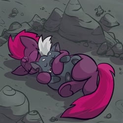 Size: 2048x2048 | Tagged: safe, artist:pfeffaroo, imported from derpibooru, grubber, tempest shadow, hedgehog, pony, unicorn, my little pony: the movie, adult blank flank, awww, blank flank, blank flank tempest, broken horn, cuddling, cute, duo, eye scar, eyes closed, female, high res, horn, mare, outdoors, rock, scar, sleeping, snuggling, tempestbetes