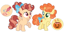 Size: 2873x1408 | Tagged: safe, artist:strawberry-spritz, imported from derpibooru, pound cake, pumpkin cake, pony, alternate design, bow, female, filly, hair bow, rule 63, simple background, tail bow, transparent background