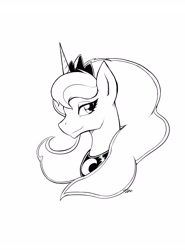 Size: 3560x4800 | Tagged: safe, artist:9air, imported from derpibooru, princess luna, alicorn, pony, absurd resolution, black and white, bust, female, grayscale, jewelry, lineart, looking at you, mare, monochrome, peytral, portrait, profile, regalia, simple background, smiling, solo, white background